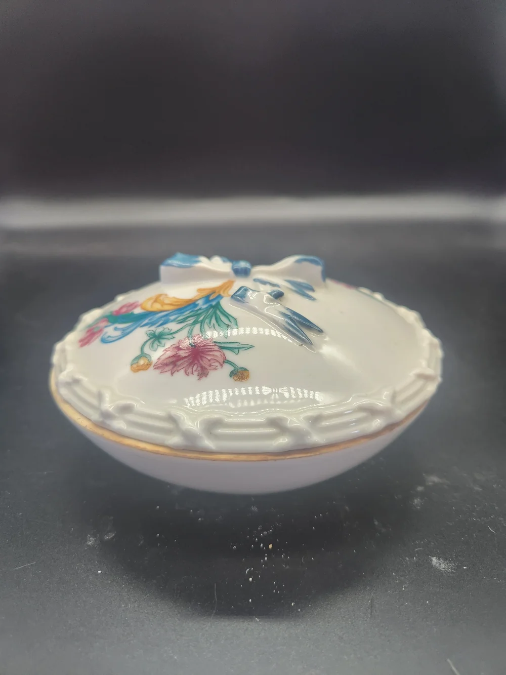 Porcelain Floral Trinket Dish with Bow Lid - White, Blue, Pink, Yellow